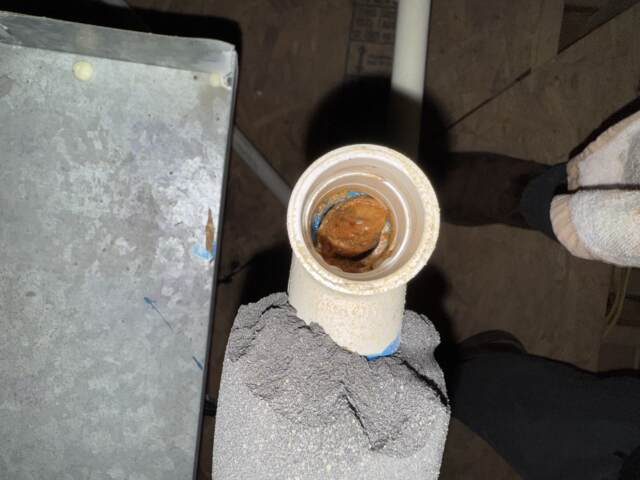 looking down a condensate drain line and seeing debris blocking the line