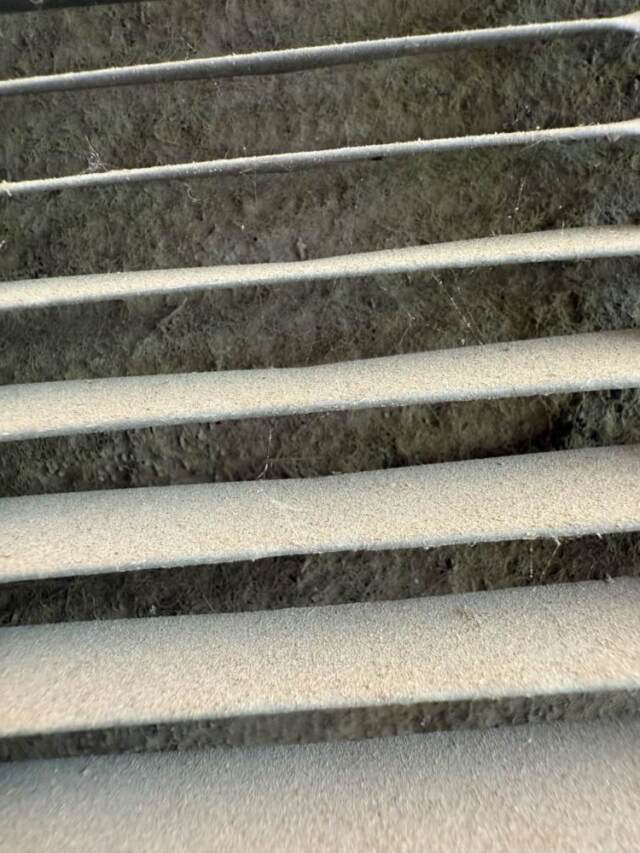 This shows the dirt buildup on the condenser coil looking through the cage of the unit