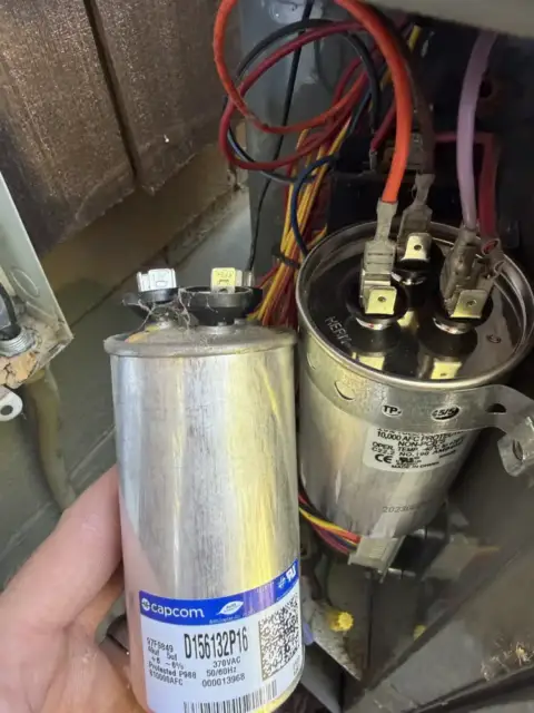 This shows the failed capacitor on the  left and the new capacitor installed on the right
